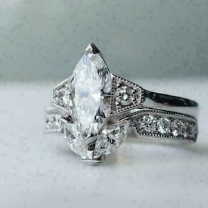 Marquise & Round Cut CZ Stone Wedding Ring Set, Curved Stackable Engagement Ring Set, Three Stone Anniversary Ring for Wife, Gift for Her