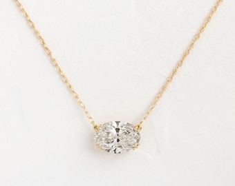 East West Oval Cut CZ Stone Pendant Necklace, Horizontal Oval Shape Necklace, Dainty Solitaire Necklace, Anniversary Gift, Gift for Her