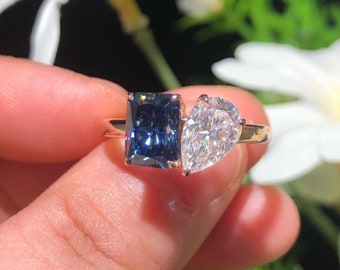 Blue Radiant & Pear Cut Diamond Toi Et Moi Ring / Two Stone Engagement Ring In 14K Gold / Valentine Proposal Ring / Gemstone Delicate Ring