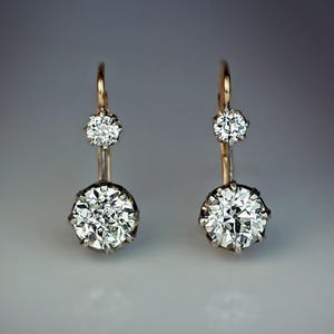 1910年頃のヴィンテージスタイル2ストーンイヤリング、オールドヨーロピアンカットCZストーンイヤリング、14Kゴールドレバーバックイヤリング、アールデコ調エドワード調イヤリング