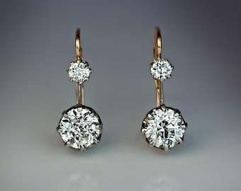 Circa 1910 Vintage Style Two Stone Earring, Old European Cut CZ Stone Earring, 14K Gold Lever Back Earrings, Art Deco Edwardian Earring