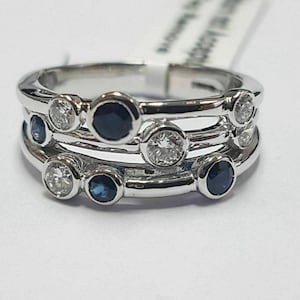 Bubbles Inspired Stackin Band / Bezel Set Sapphire & White Round Cut Diamond Band / Three Strand "Bubble" Ring For Women  / Engagement Ring