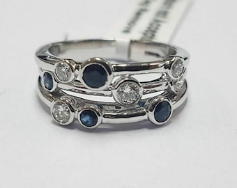 Bubbles Inspired Stackin Band / Bezel Set Sapphire & White Round Cut Diamond Band / Three Strand "Bubble" Ring For Women  / Engagement Ring