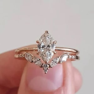 Marquise & Round Cut CZ Stone Wedding Ring Set, Engagement Ring Set for Women, Anniversary Ring Gift, Solitaire With Chevron Band Ring Set