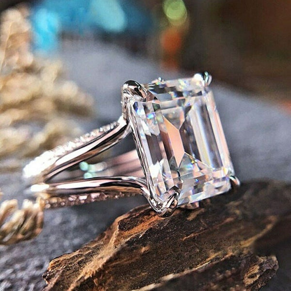 Emerald Cut Split Shank Diamond Ring / Solitaire Ring / Woman's Fashionable Ring / Party Wear Ring / Wedding Bridal Ring / Engagement Ring