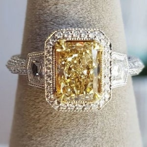 Yellow Sapphire Radiant & Round Cut Diamond Ring / Halo Set Wedding Bride Ring / Two Tone Gemstone Ring / Antique Engagement Proposal Ring