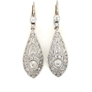 美しいアールデコ調アンティークイヤリング、オールドヨーロピアンカットのCZストーンイヤリング、透かし彫りのイヤリング、フィリグリーヴィンテージスタイルのダングルドロップイヤリング（彼女用）