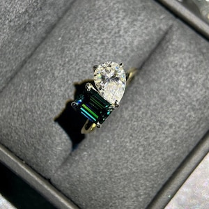 Green emerald Cut And White Pear CZ Stone Toi Et Moi Ring, You & Me Two Stone Ring, Gift For Girlfriend, Engagement Proposal Promise Ring