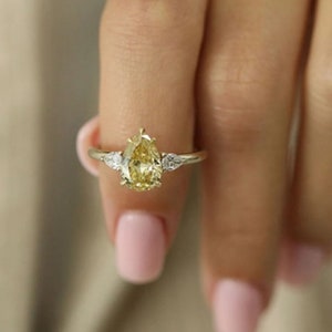 Canary Yellow Pear Cut CZ Stone Engagement Ring, 14k Yellow Gold Teardrop Ring, Gemstone Three Stone Wedding Anniversary Ring For Women