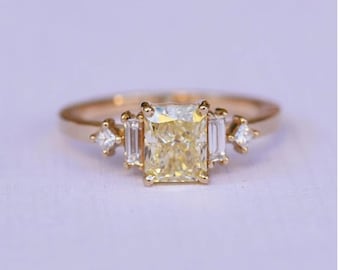 Yellow Radiant With Baguette, Princess Cut CZ Diamond Ring / Minimalist Five Stone Engagement Ring / Delicate Proposal Birthstone Ring