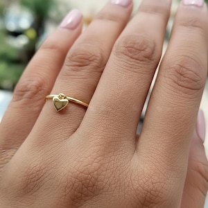 10K Yellow Gold Mini Dangling Heart Ring, Dainty Romantic Jewelry For Her, Lovable Gift Ring For Girlfriend, Delicate Charm Engagement Ring