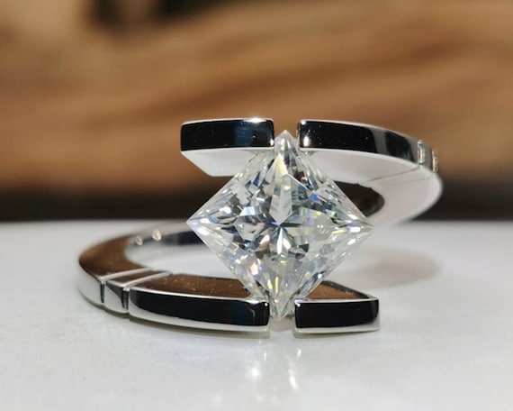 Tension Set Princess Cut CZ Diamond Ring Bypass Shank Solitaire