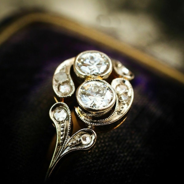 Art Deco Set Bezel Old European Cut CZ Diamond Ring / Toi Et Moi Vintage Yellow Gold Ring / Retro Edwardian Ring / Art Deco Two Stone Ring