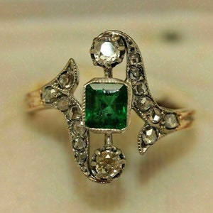 Mid-Century Retro 14k Yellow Gold Ring / 5.5*5MM Green Emerald Cut CZ Diamond Ring / Vintage Art Deco Ring For Women / Birthstone Jewelry