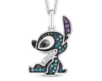 Lilo And Stitch Cartoon Pendant Necklace, Amethyst And Topaz CZ Stone Necklace In 925 Silver, Tv & Movie Character Necklace for Kids