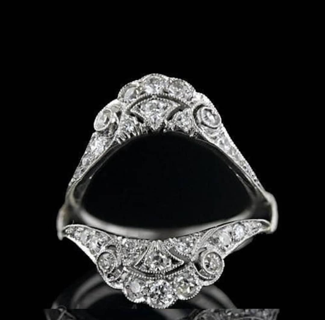Art Deco Inspired Enhancer Ring / Round Cut Diamond Wrap Guard Ring