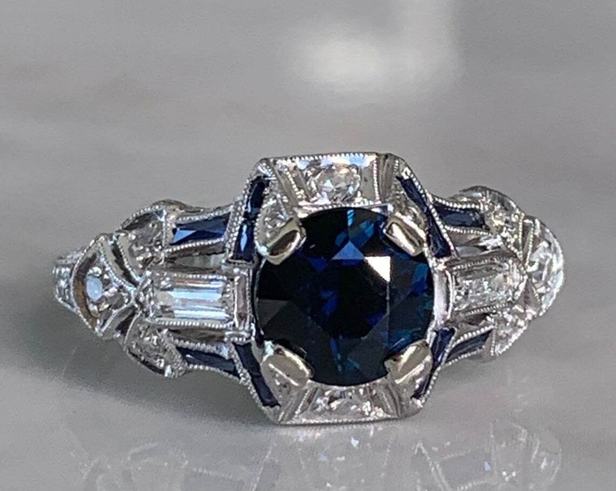 Antique Art Deco Sapphire CZ Stone Engagement Ring, Blue Baguette & Round Cut CZ Stone Mid Century Ring Edwardian Vintage Style Wedding Ring