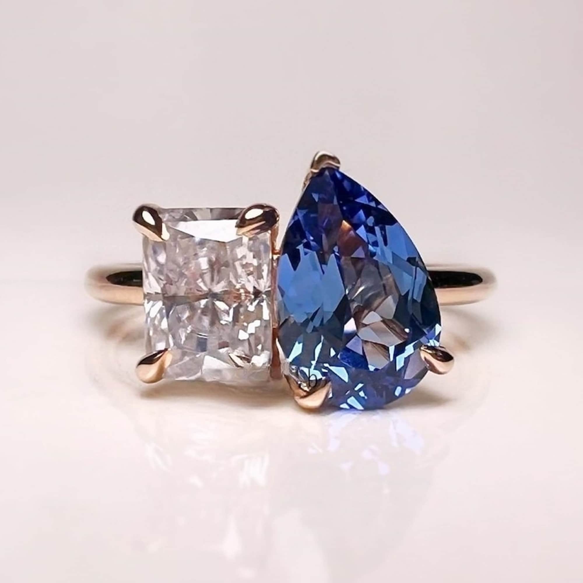 Two Stone Engagement Ring, Blue Sapphire Pear & Radiant Cut CZ Toi Et Moi Wedding Ring, Anniversary Gift for Wife, Proposal Promise Ring