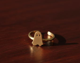 Anillo de fantasma diminuto, anillo de fantasma de Halloween de oro de 14 quilates, anillo de emoji de Snapchat, anillo de fantasma espeluznante, regalo de Halloween para ella, joyería oscura y mística de bruja
