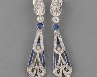 Sapphire Art Deco Earrings, Long Dangle Drop Wedding Bridal Earring, 925 Silver Edwardian Earring, Push Back Earring, Retro Earring