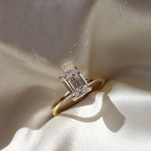 Charming Emerald Cut CZ Diamond Ring / 14K Yellow Gold Solitaire Ring / Wedding Bridal Ring / Engagement Ring / Promise Ring / Birthday Gift