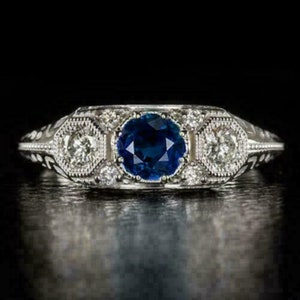 Blue Sapphire & White Round Cut CZ Stone Ring, Vintage Art Deco Style Three Stone Ring, Milgrain Set Edwardian Ring, Wedding Ring