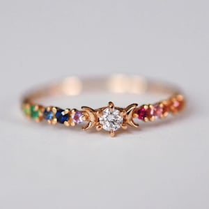 Rainbow Stardust Ring, Multi Color Round CZ Stone Proposal Ring, Minimalist Promise Ring, Delicate Crescent Moon Anniversary Gift for Wife