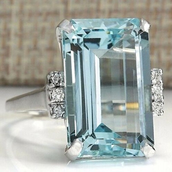 Grote aquamarijn smaragd geslepen CZ-steen cocktailpartyring, enorme edelsteenring voor dames, bruiloft bruidsring, 925 zilveren ring