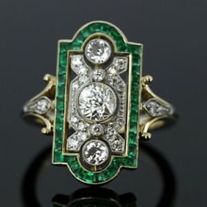 Green Baguette & Old European Cut CZ Stone Ring, 1920's Circa Art Deco Bridal Wedding Ring, Antique Edwardian Engagement Ring,
