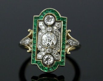 Green Baguette & Old European Cut CZ Stone Ring, 1920&#39;s Circa Art Deco Bridal Wedding Ring, Antique Edwardian Engagement Ring,