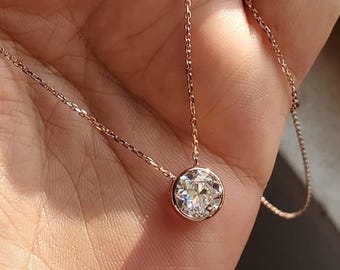 925 Sterling Silver Bezel Set Old European Cut CZ Stone Pendant Necklace, Dainty Solitaire Pendant Necklace, Anniversary Gift for Wife
