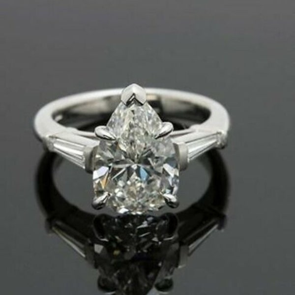 925 Silver Three Stone Ring / Pear & Tapper Baguette Cut CZ Diamond Ring / Women's Teardrop Ring / Wedding Engagement Ring / Proposal Ring