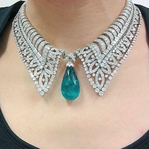 Circa 1930s Openwork Collar Necklace, Green Teardrop Necklace, Round CZ Stone Art Deco Vintage Style Necklace, Wedding Necklace For Bride
