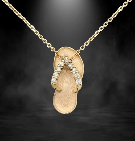 Slipper Pendant Necklace, Classic Flip Flop Pendant Necklace For Women, Unique Footwear Jewelry, Round CZ Stone Hawaiian Sandal Necklace