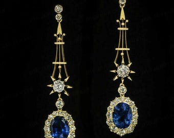 Elegant Vintage Style Long Dangle Drop Earring, Circa 1980&#39;s Art Deco Earring, Blue Sapphire Oval & Old European Cut CZ Stone Halo Earring