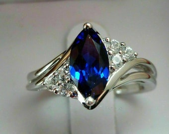 Sapphire Marquise Cut CZ Diamond Ring / 14k Gold Seven Stone Ring / Bypass Shank Gemstone Ring / Engagement Wedding Ring / Anniversary Gift