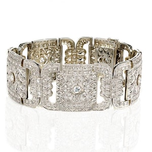 925 Silver Wide Art Deco Bracelet For Women, Round CZ Stone Victorian Openwork Bracelet, Antique Vintage Style Tennis Bracelet, Gift For Her