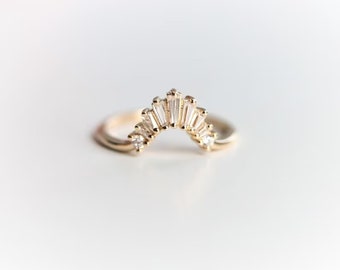 Tiny Baguette Cut Diamond 14K Yellow Gold Ring / Crown Style Minimalist Curved Ring / Delicate Daily Wear Ring / Valentine Gift Ring For Her
