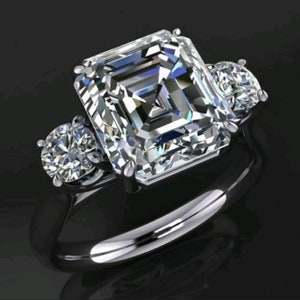 Stunning White Asscher And Round Cut CZ Stone Engagement Ring, Three Stone Bridal Wedding Ring, Anniversary Gift for Wife, Daily Wear Ring