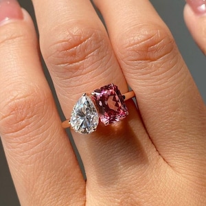 Colorless Pear & Pink Radiant Cut CZ Stone Engagement Ring, Toi Et Moi Two Stone Ring, Wedding Bridal Ring, Proposal Promise Ring for Her