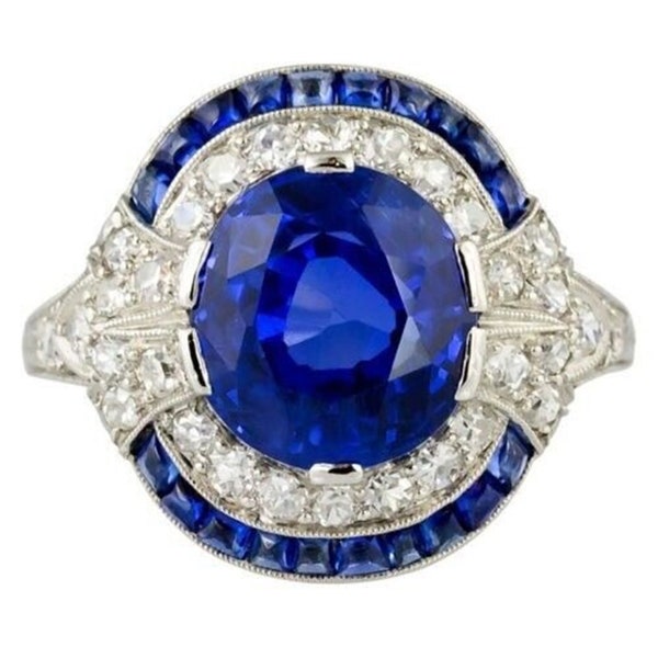 Circa 1930s Art Deco Sapphire Ring / Blue Baguette & Round Diamond Ring / Victorian Halo Gemstone Ring / Vintage Style Wedding Bride Ring