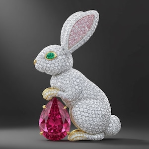 Puede incluir: Una figura de conejo enjoyada, incrustada con brillantes piedras blancas, sostiene una gran gema rosa en forma de pera. El interior de las orejas del conejo es rosa, y su ojo es una gema verde. Detalles dorados en las patas y la nariz.