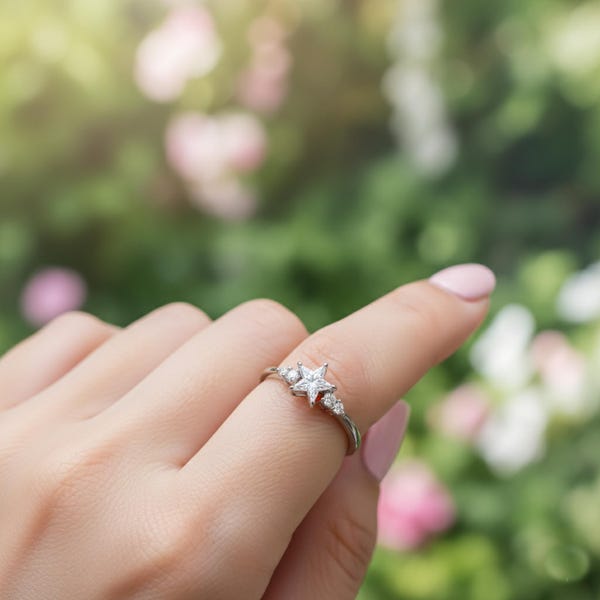 Minimalist STAR Ring, Women's Dainty Celestial Ring, Star & Round CZ Stone Tiny Ring, Wedding Proposal Ring, Star Engagement Ring In Gold