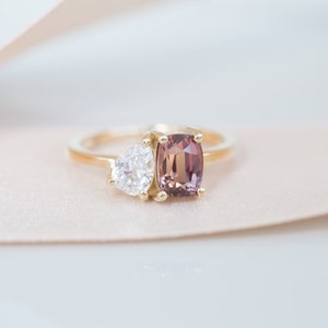 Women's Toi Et Moi Two Stone Yellow Gold Ring, White Pear & Pink Cushion CZ Stone Engagement Proposal Ring, Anniversary Gift For Her
