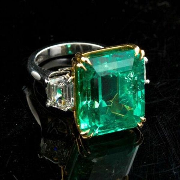 Green Emerald & Baguette Cut Three Stone Diamond Ring / Fancy Diamond Ring / Wedding Bride Ring / Engagement Ring / Cocktail Party Wear Ring