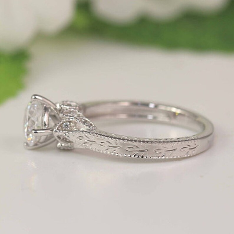 Round Cut Diamond Ring  Solitaire Accent Diamond Ring  Daily Wear Diamond Ring  Wedding Bride Diamond Ring  Engraved Diamond Shank Ring