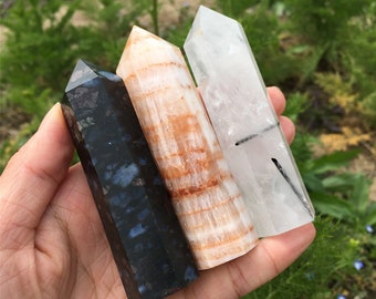 3PCS Natural Llanite,Pork Stone,Tourmaline Obelisk,Quartz Wand Point,Mineral Specimen,Home Decoration,Reiki Healing,Crystal Gifts 210g+