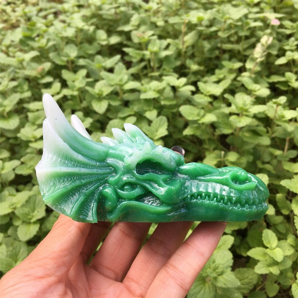 1PC tête de dragon en pierre lumineuse verte, sculpture sur cristal, décoration de la maison, cadeaux en cristal, collection de cristal, animal en cristal, guérison Reiki 130g +