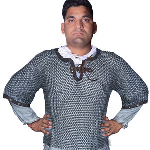 Chainmail butted hood Iron with leather trimmed, Medieval chainmail hauberk shirt, reenactment armor, medieval shirt, black or zink finish