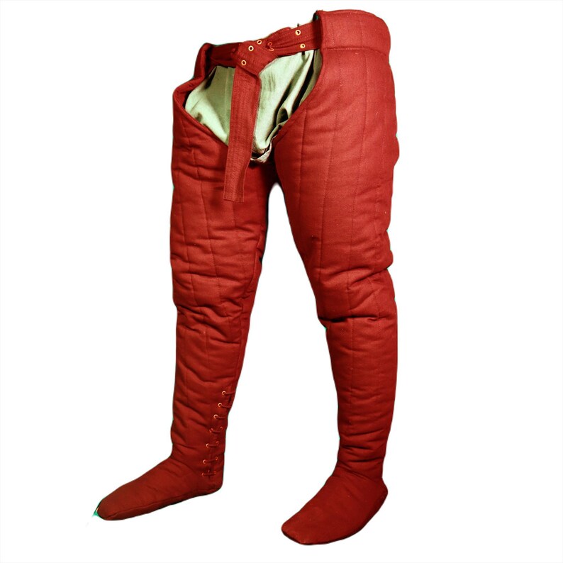 Front view of dark red quilted medieval leg wrappings complete with waist belt and integrated footwear.